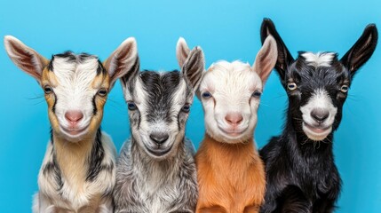 Fototapeta premium A cheerful group of four baby goats smiling against a bright blue background, showcasing their playful and adorable nature.