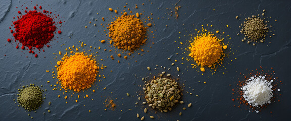 A carefully arranged top-down shot of colorful spices forming concentric circles on a smooth stone floor