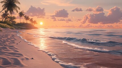 Obraz premium Serene Tropical Beach at Sunset with Palm Trees and Gentle Waves