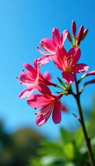 Fototapeta premium Branch of alstroemeria flowers against a bright blue sky, stem, garden, flowers
