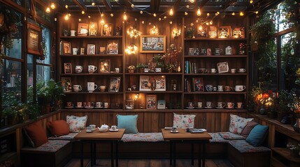 Fototapeta premium A quaint cottage tea room with a rustic wooden interior, fairy lights twinkling above, stacks of vintage teacups arranged on wooden shelves, and a cozy reading nook with floral cushions. Warm,