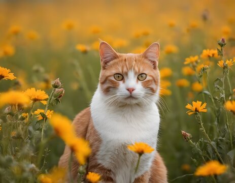 A red-and-white cat sits surrounded by grass and yellow flowers