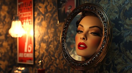 A retro dressing room bathed in soft golden light, an antique vanity mirror reflecting a glamorous Hollywood starlet applying red lipstick,