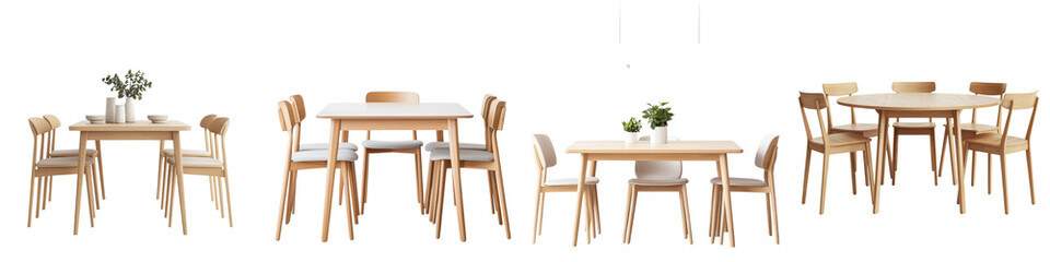 Arrangement of various minimalist wooden dining tables and chairs in a modern clean and cozy residential interior design  The furniture set creates a harmonious and inviting living or workspace