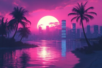 Pink Sunset Cityscape Palm Trees Tropical City