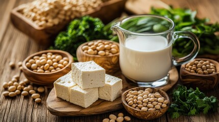 Fototapeta premium Soy milk, tofu, and soybeans on wooden table. Food preparation, healthy eating