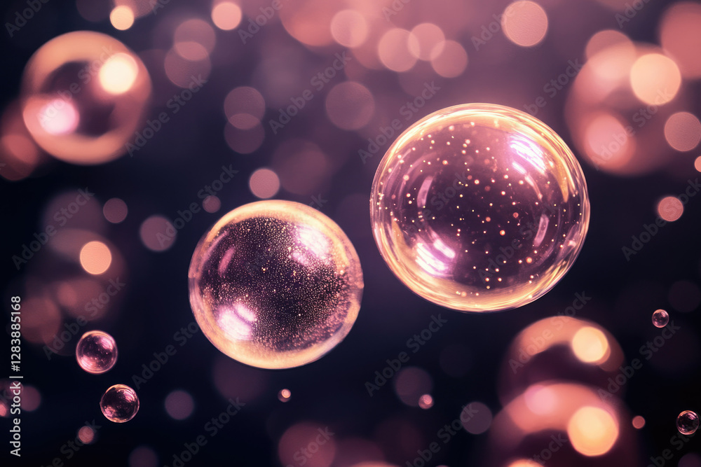Poster floating iridescent bubbles with glitter, bokeh background, dreamy atmosphere.