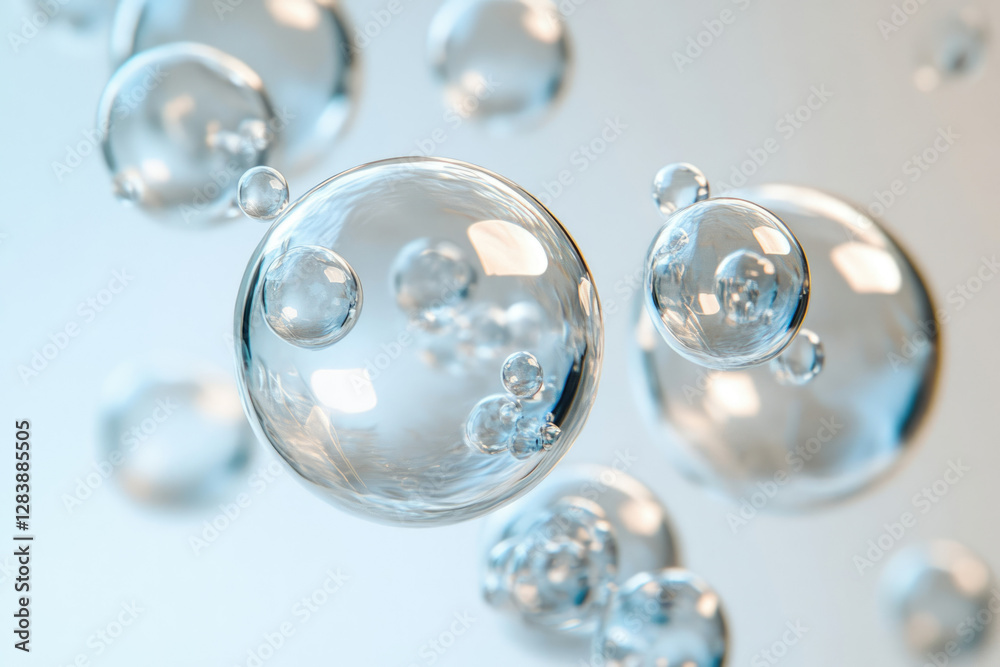 Poster A mesmerizing close-up of translucent bubbles floating in a light blue liquid, creating an ethereal and serene visual.