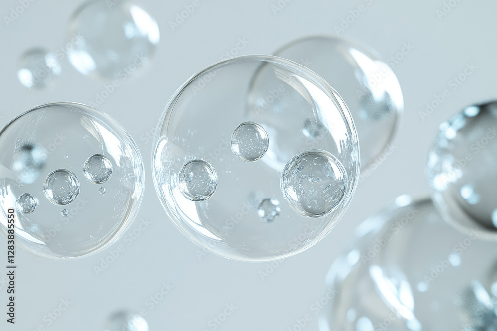 Poster Transparent spheres containing smaller spheres, floating in a light gray background, creating a sense of depth and serenity.