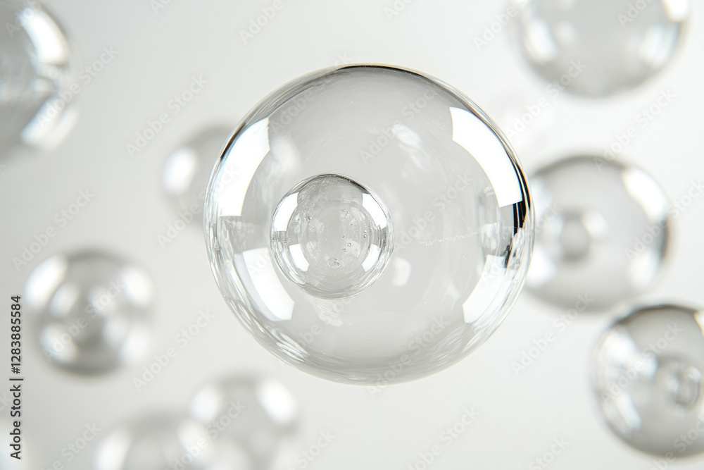 Poster Abstract image of translucent spheres, possibly representing cells or bubbles, floating in a white background.