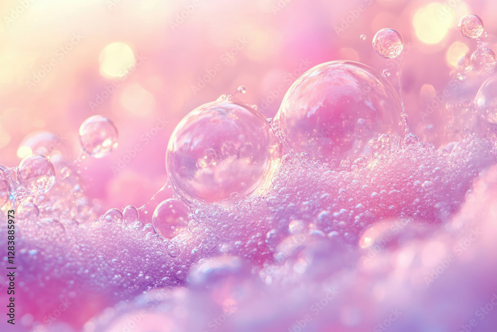 Poster Close-up of pink soap bubbles, shimmering with light, creating a dreamy, ethereal scene.