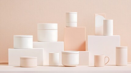 Minimalist Arrangement of Cream and Pink Cosmetic Containers on Clean Surface With Soft Background