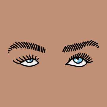Stylized Blue Eyes Rolling in Ironic Attitude with Long Eyelashes and Hand-drawn Eyebrows in Dark Brown Skin Tone Background