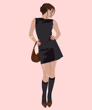 Woman in a Black Mini Dress with Knee-High Socks