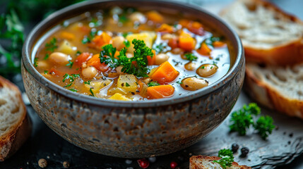Hearty vegetable soup in a bowl with bread slices.