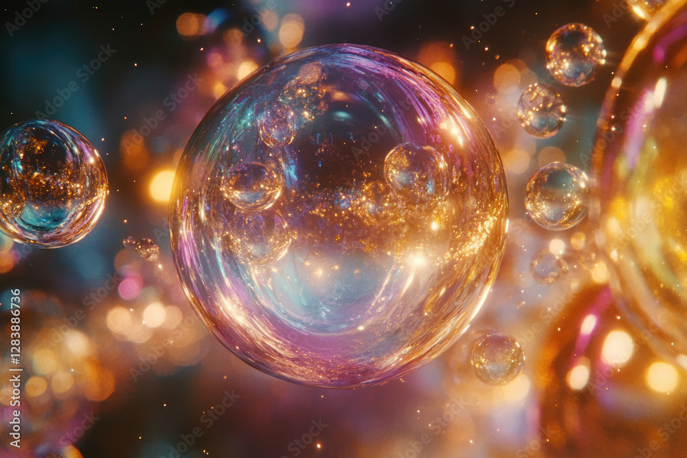Poster A mesmerizing display of iridescent bubbles, reflecting vibrant colors and sparkling lights, creating a cosmic scene.