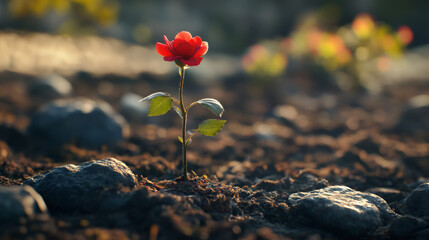 Obraz premium Red rose emerging from rocky ground, sunlight casting warm tones, representing strength blooming through challenging terrain