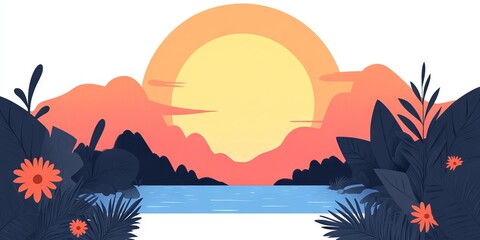 Vibrant sunset over tranquil lake surrounded by lush greenery and colorful flowers creating a serene landscape scene for relaxation and nature appreciation concept