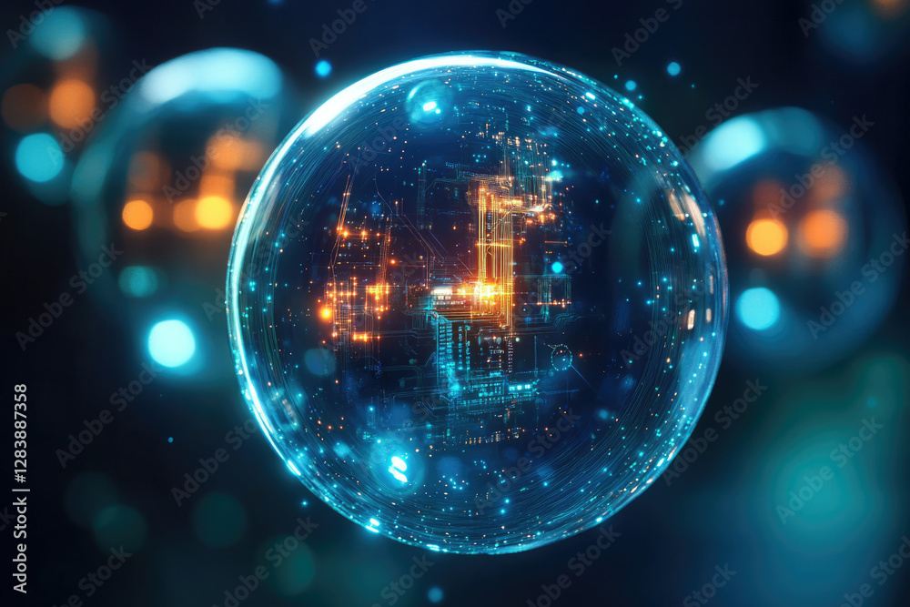 Poster A glowing sphere encapsulates a complex circuit board, symbolizing technological innovation and interconnectedness.