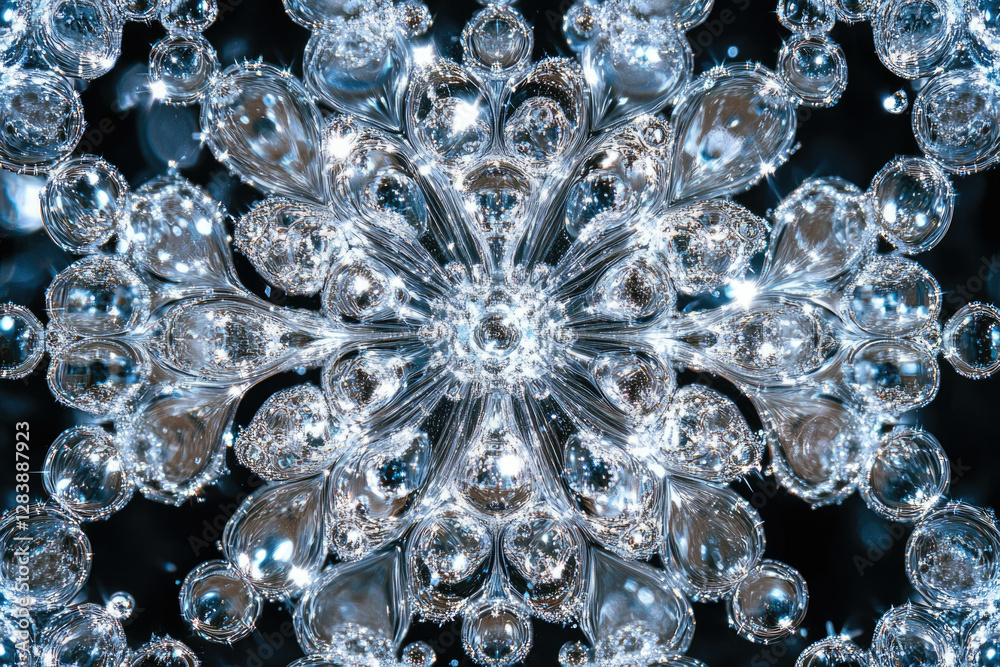 Poster Intricate crystalline structure resembling a snowflake, showcasing symmetrical patterns and dazzling light reflections.