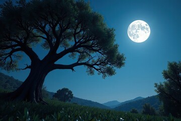 Branches of a tree stretch towards the full moon in the sky, foliage, trees