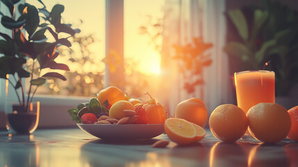 Fresh fruits, nuts, and juice on a table in warm morning sunlight near a window with green plants in the background