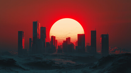 Futuristic city skyline with a massive glowing sun in a surreal, dystopian landscape, evoking a cyberpunk and sci-fi atmosphere