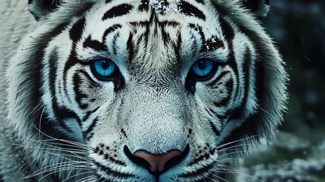 Majestic white tiger with striking blue eyes observing its surroundings in a serene natural habitat
