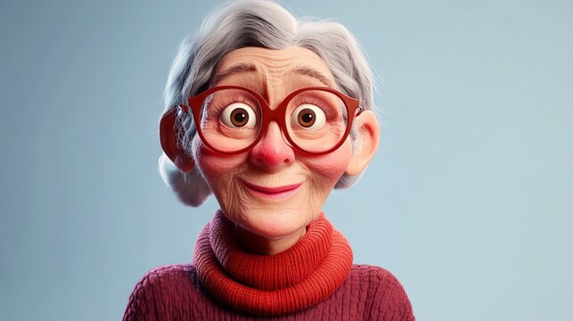 Cheerful elderly woman with glasses smiling warmly, showcasing her vibrant personality and charm, representing the joy of aging and wisdom, elderly character concept