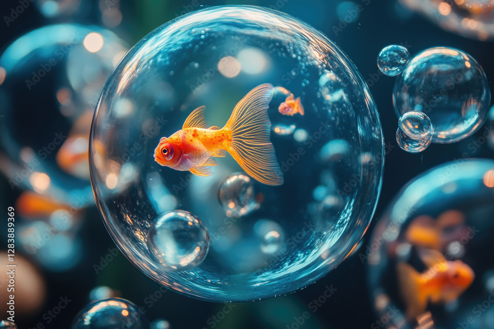 Poster a goldfish swims inside a transparent bubble, surrounded by other bubbles and goldfish.