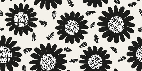 Black and white sunflowers seamless pattern. Hand drawn sunflower seeds doodle pattern. Design for fabric, textile, covers, gift wrap, wallpaper.
