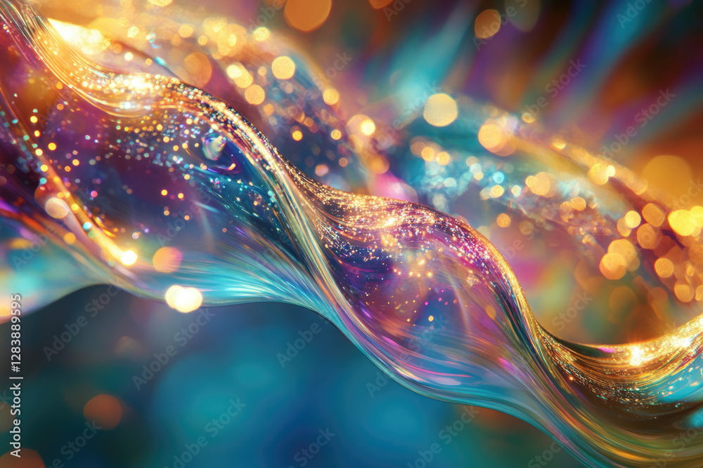Poster abstract iridescent wave with glittering particles, vibrant colors and bokeh lights.