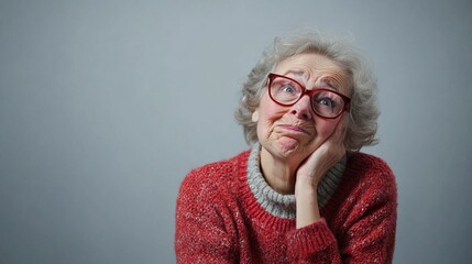 Elderly woman with glasses looking thoughtfully while resting her chin on her hand, expressing emotions and nostalgia, reflecting on life experiences, thoughtful expression concept