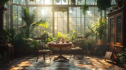 A vintage conservatory with high glass ceilings, delicate ferns draping over wrought iron trellises, a wooden tea table set for afternoon tea, and a cozy reading nook by a sunlit window.