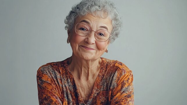 Smiling elderly woman with gray hair wearing colorful blouse, showcasing warmth and wisdom, representing joyful aging and positive outlook on life, healthy aging concept