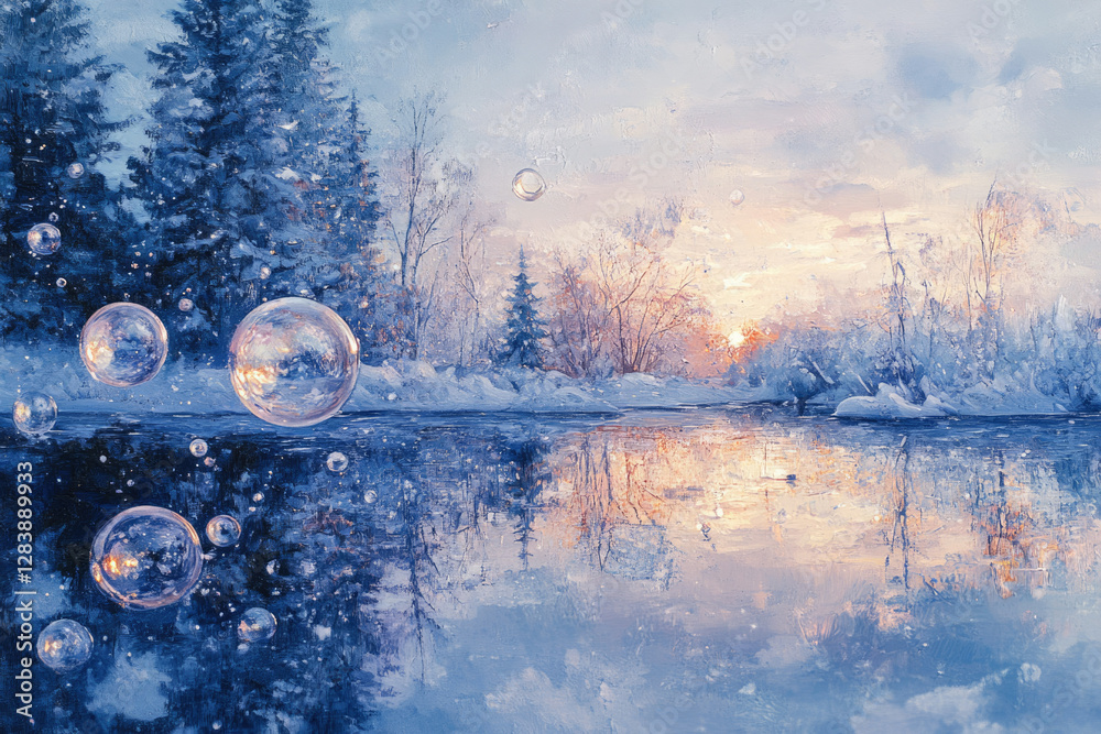 Poster serene winter landscape reflected in a calm lake, adorned with floating soap bubbles at sunset.