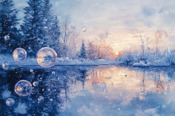 Serene winter landscape reflected in a calm lake, adorned with floating soap bubbles at sunset.