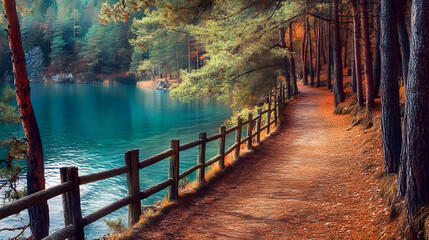 Obraz premium A path leading to the shore of an emerald lake 