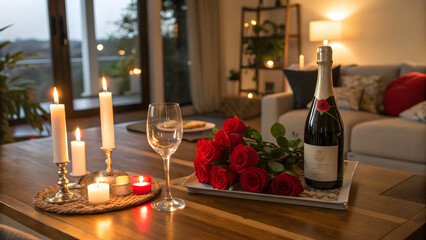Romantic Candlelit Dinner with Champagne and Roses &ndash; Elegant Date Night Setting