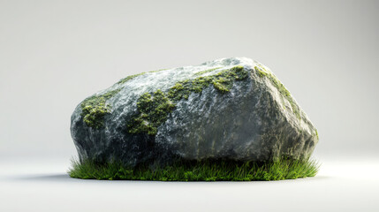 Mossy rock sitting on grassy surface, white backdrop highlighting natural textural contrast and minimalist landscape element