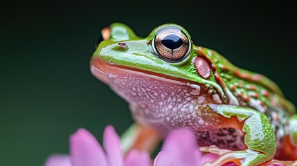 Green tree frog on pink flower, dark background, nature macro shot, wildlife