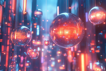 Obraz premium Reflective spheres hanging in a futuristic city, glowing with neon lights, creating a vibrant, surreal scene.