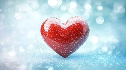 Obraz premium Glossy red heart with snowflakes on icy surface against blurred blue background with soft bokeh