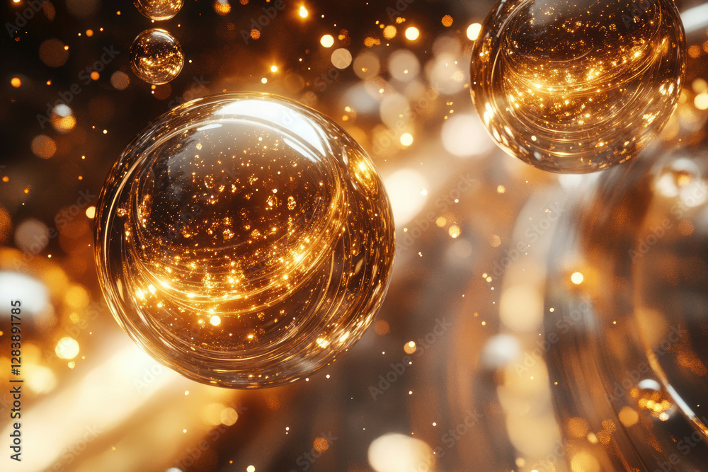 Poster golden spheres with internal glowing lights, sparkling particles in motion, abstract background.