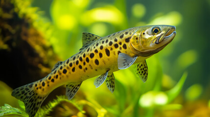 Freshwater golden trout swimming in green planted aquarium, beautiful colorful fish in its natural habitat