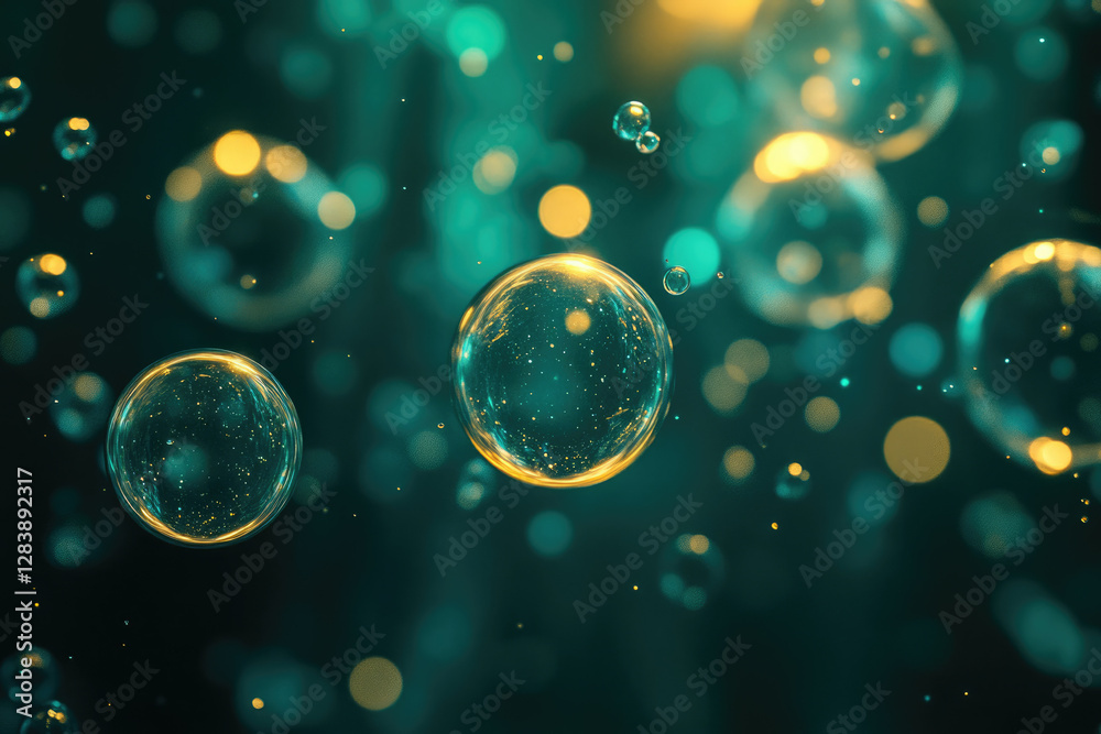 Poster Golden bubbles float in a teal liquid, creating a mesmerizing and ethereal abstract background.