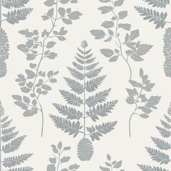 Seamless pattern of stylized grey fern and branch botanical illustrations on a white background.