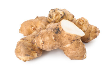 Fresh Jerusalem artichokes isolated on white. Root vegetable