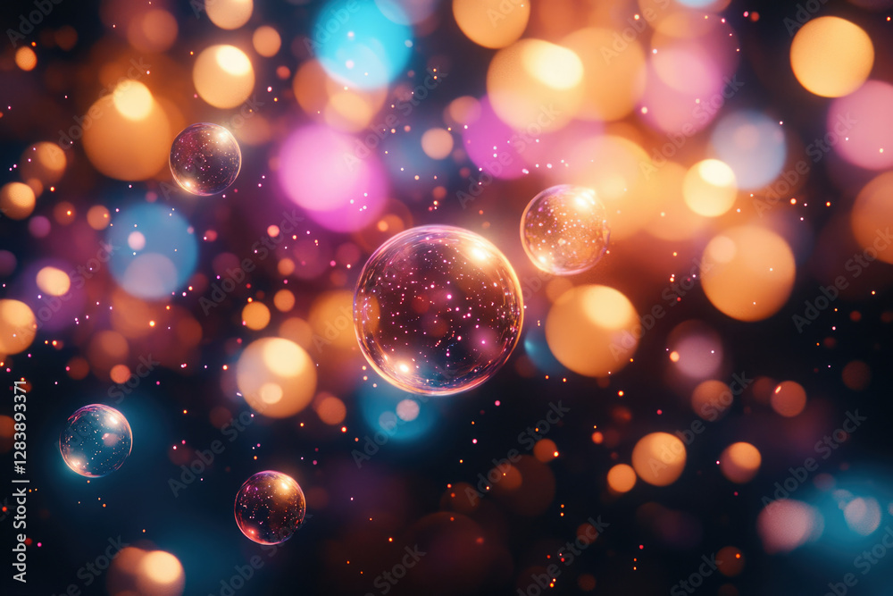 Poster Glowing orbs float amidst a bokeh of vibrant, multicolored lights, creating a magical, ethereal scene.