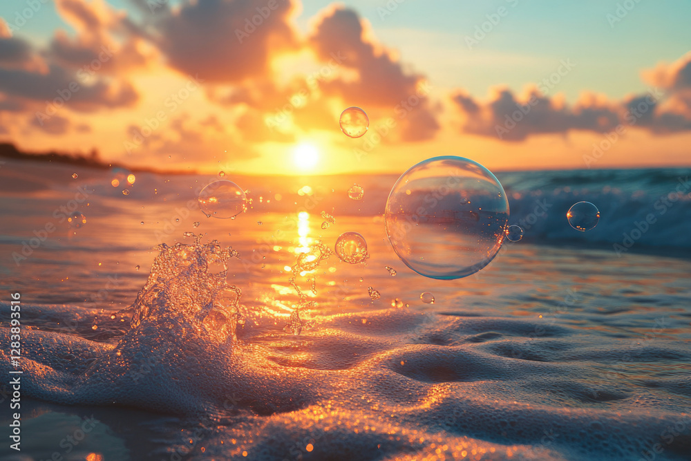 Poster Sunset over the ocean with splashing water and soap bubbles floating.